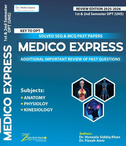 Medico Express textbook cover with blue background and medical-themed design