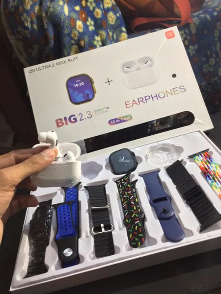 Ultra Max Smart Watch 2.3 Inch Large Screen 10 in 1 Box with 7 Straps and AirPods 2