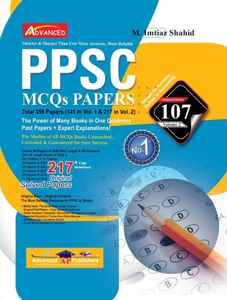 PPSC MCQs Papers by M. Amtiaz Shahid with colorful design and pencil illustration.