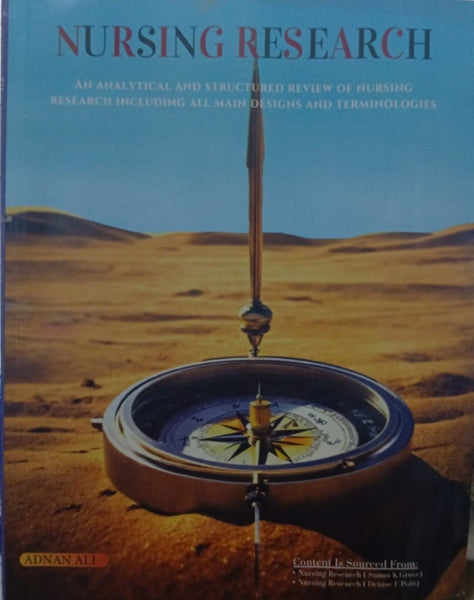 Book cover of 'Nursing Research' with a compass and desert landscape