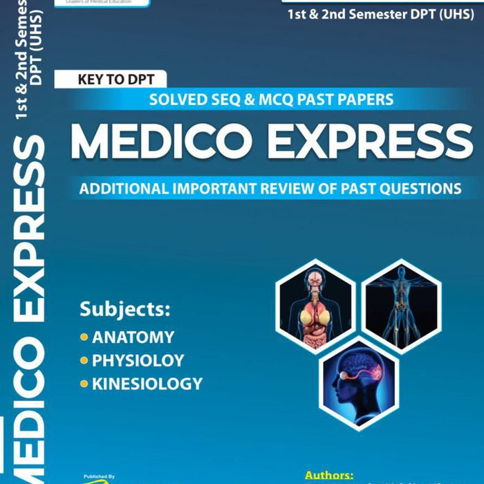Medico Express textbook cover with blue background and medical-themed design