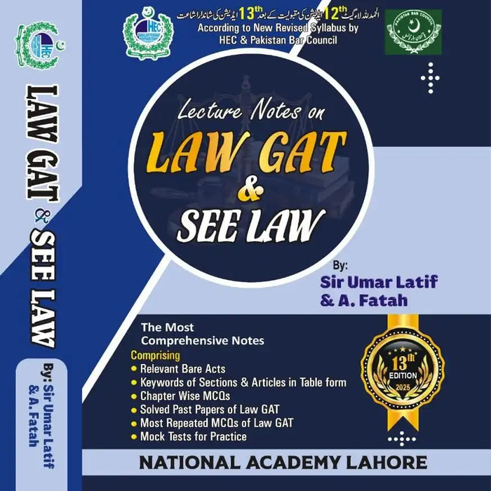 Book cover of 'Lecture Notes on Law GAT & SEE LAW' by Sir Umar Latif & A. Fatah, published by National Academy Lahore.