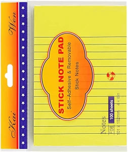 kai Wen Sticky Note Pad  Self-Stick Sticky Note Pad 100 Sheets Ruled,  Yellow, 1 Colors