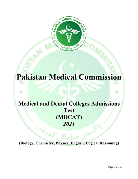 Pakistan Medical Commission PMC Syllabus Medical And Dental Colleges Admissions Test MDCAT  2021